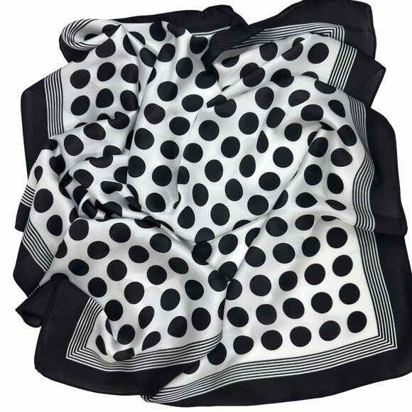 ✨Luxurious Retro Chic Silky Scarf Black White Polka Dot Geometric Print Square✨ - Picture 4 of 5